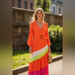 Elegant Orange Wrap Dress by Megan Renee new Ptp 19 Length from waist 37
